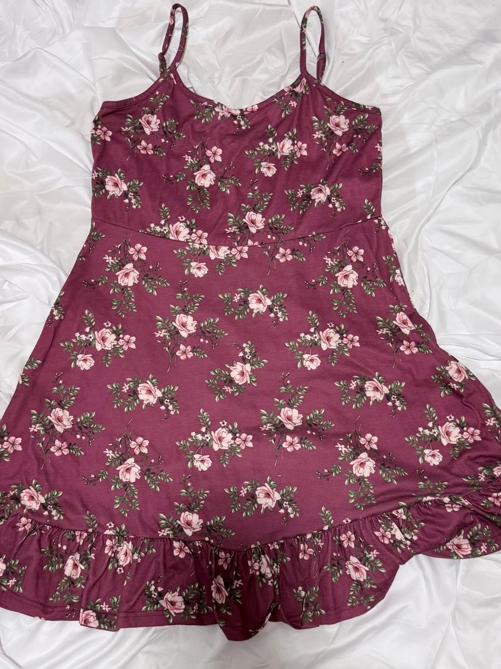 Floral Ruffle Hem Dress - Burgundy Pink